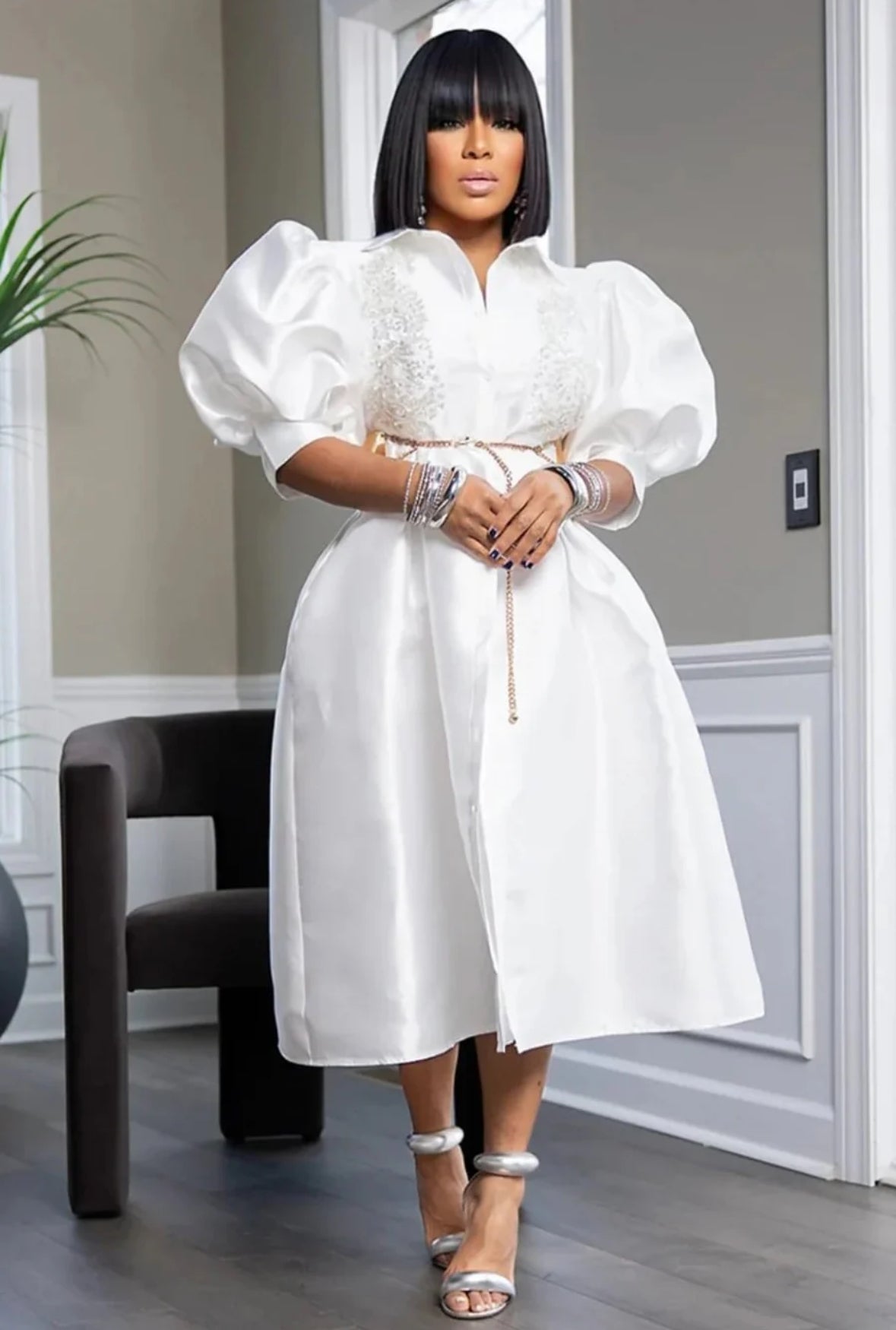 White Appliqué Belted Dress