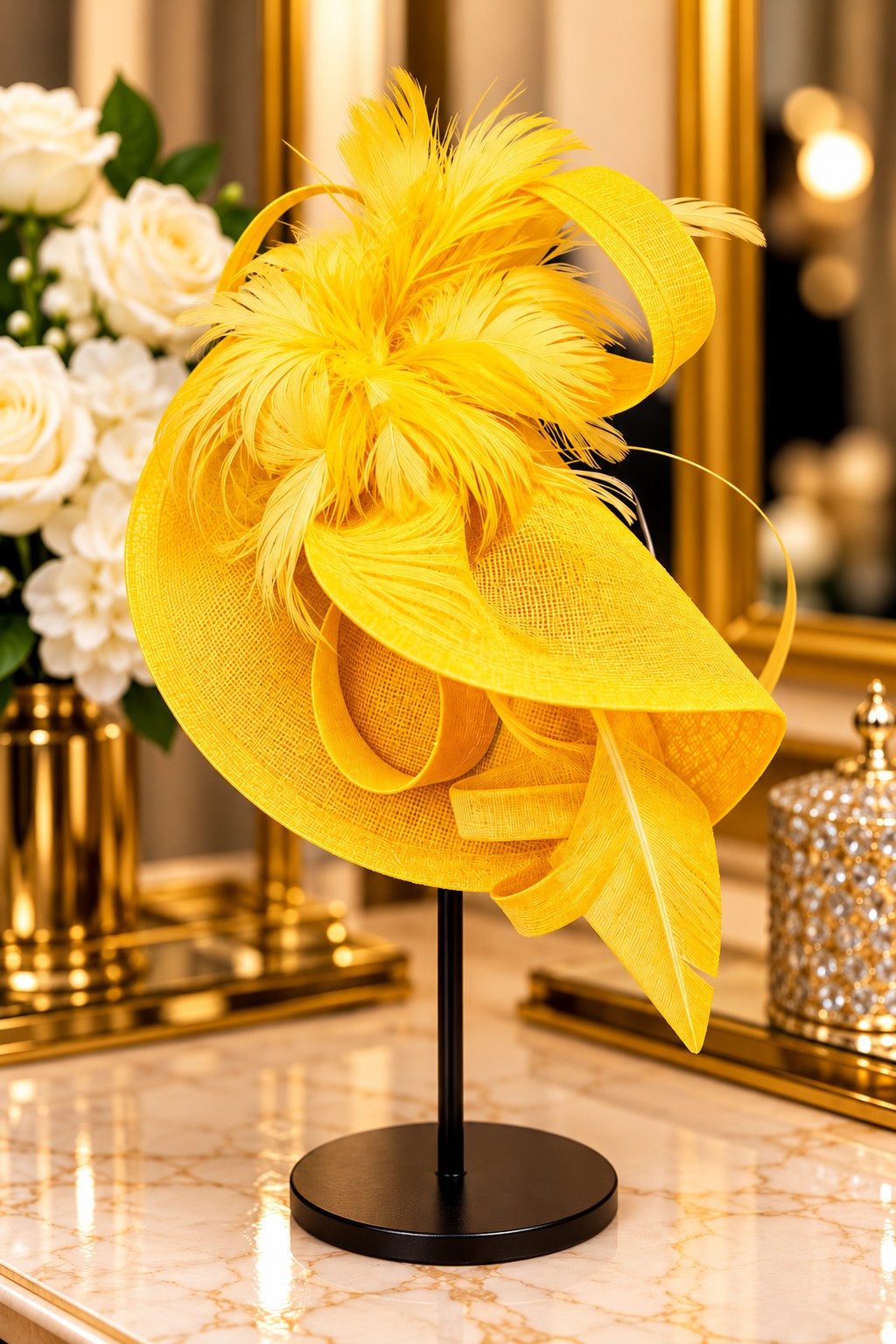 Kentucky II fascinator in yellow with a full feather plume and sweeping woven loops