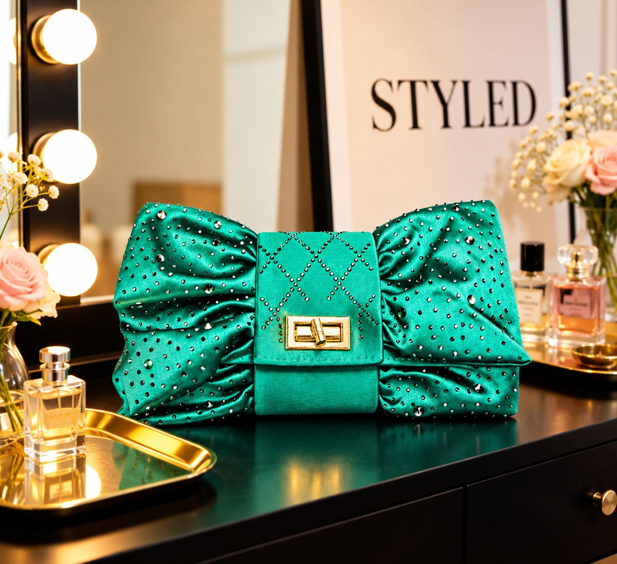 Bow-Tie Clutch in emerald green satin with rhinestone embellishments, diamond quilted center band and gold turn lock clasp
