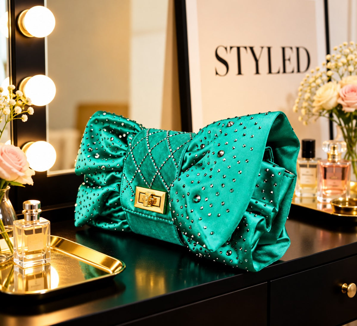 Side angle of the emerald green Bow-Tie Clutch showing the gathered bow and rhinestone detail