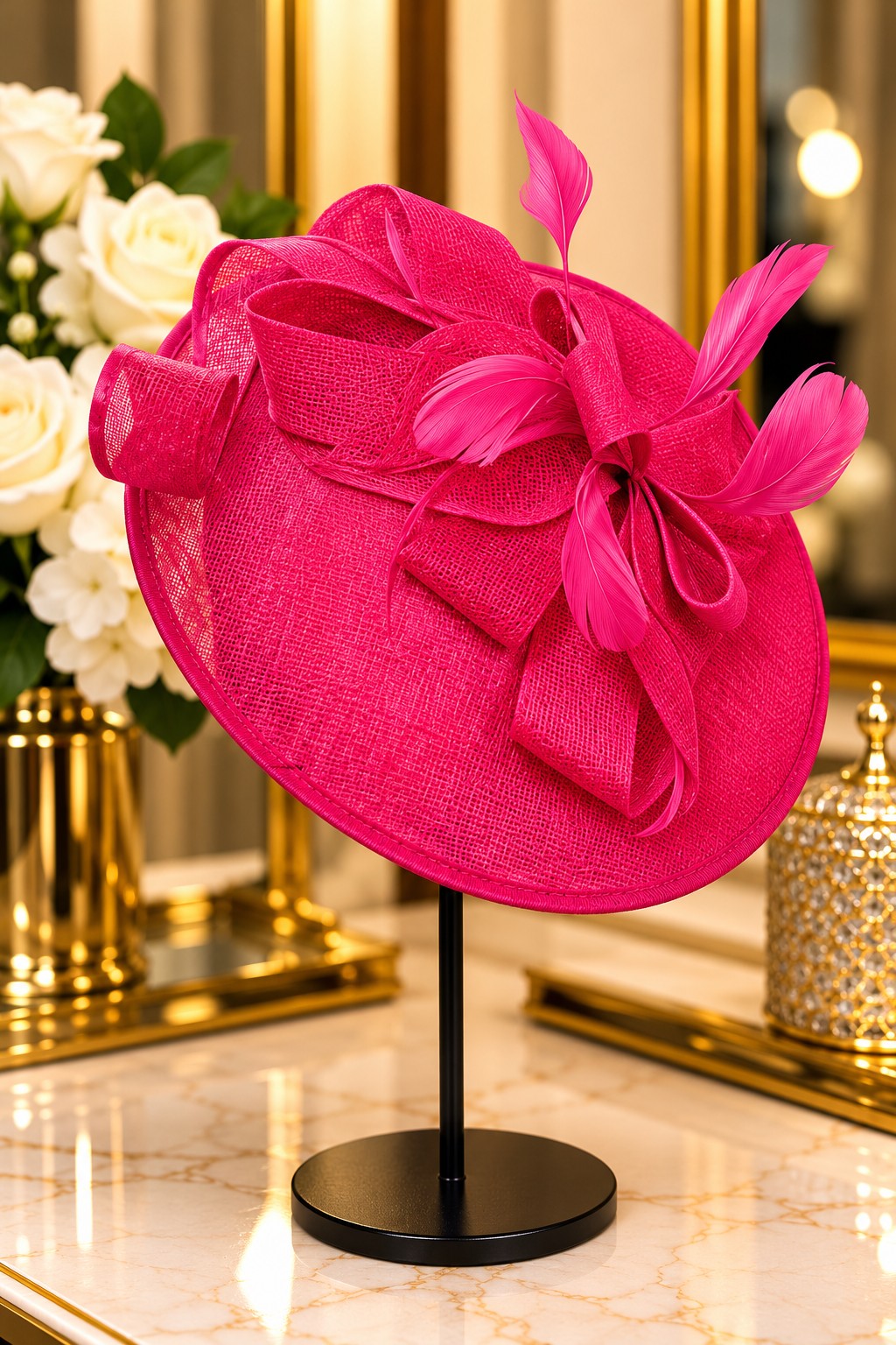 Kentucky II fascinator in fuchsia with woven loops and feather accents