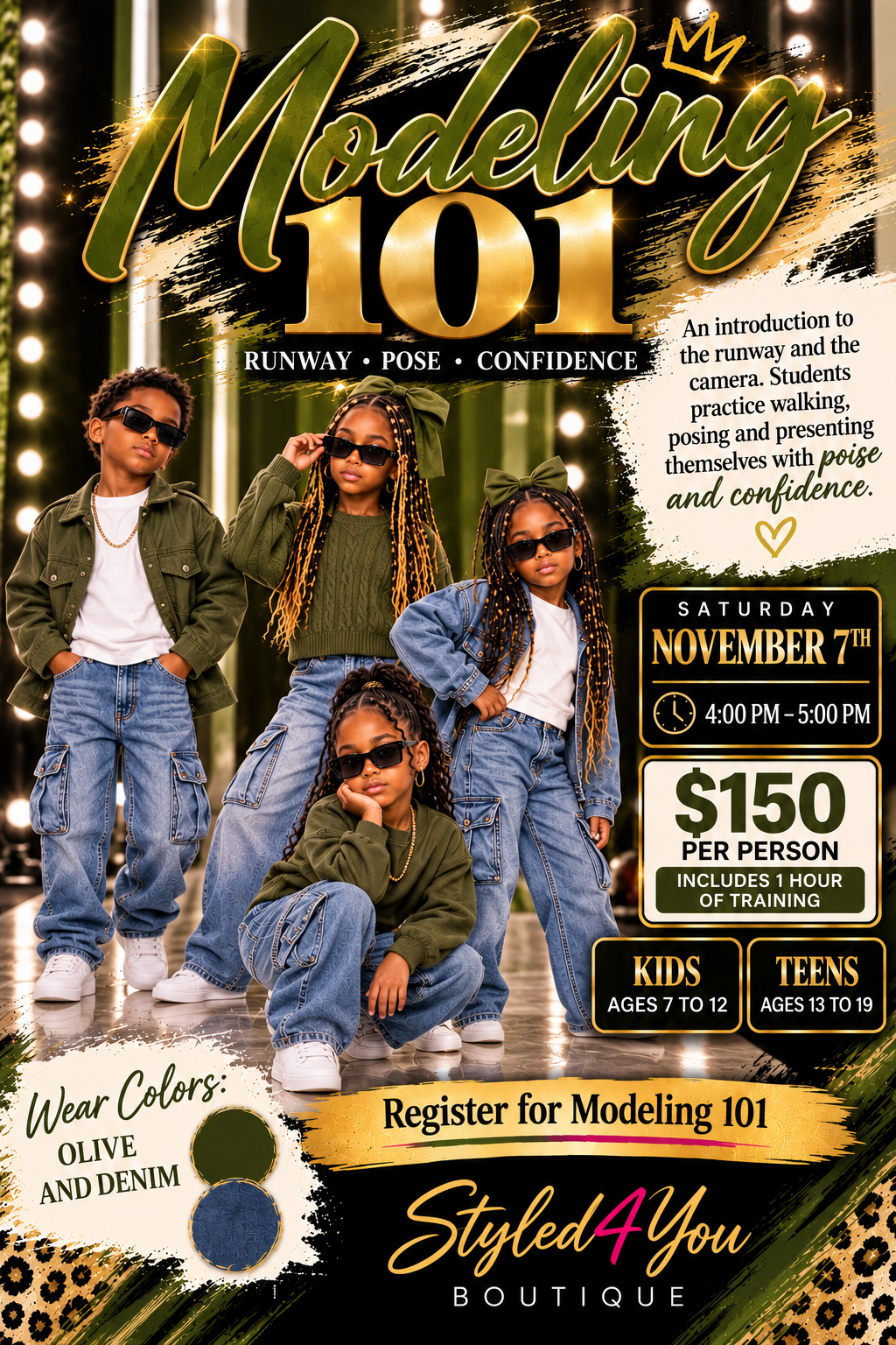 Modeling 101 class flyer for Saturday November 7, 4 to 5 PM, wear olive and denim