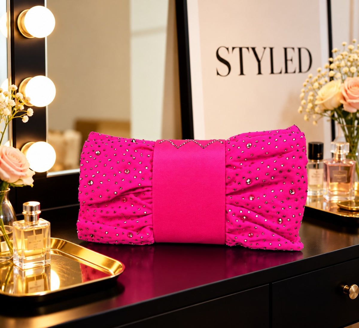 Back view of the pink Bow-Tie Clutch showing the smooth center band and rhinestone studded bow