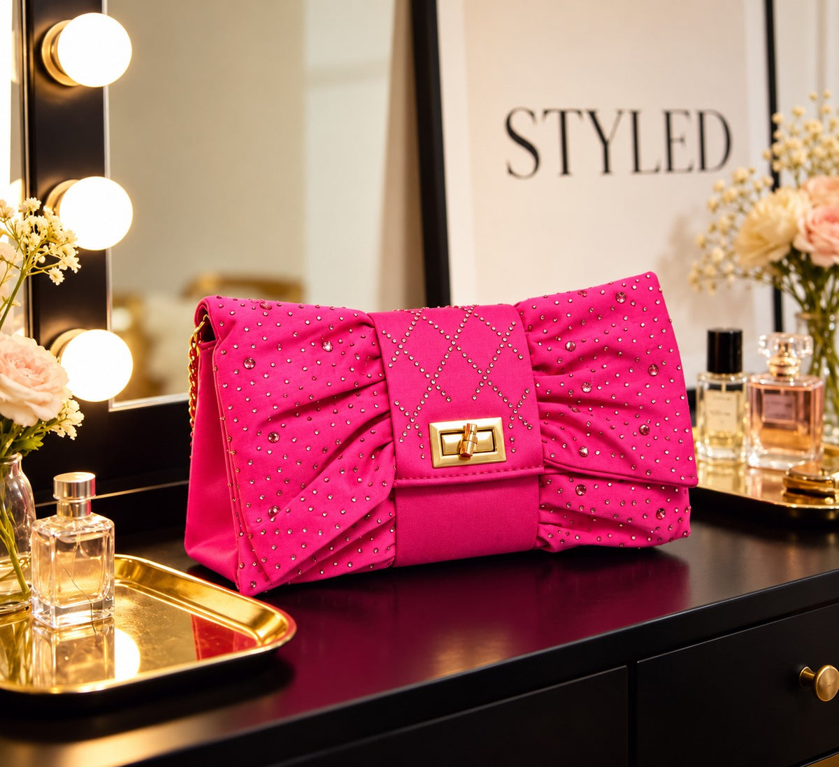 Bow-Tie Clutch in pink satin with rhinestone embellishments, diamond quilted center band and gold turn lock clasp