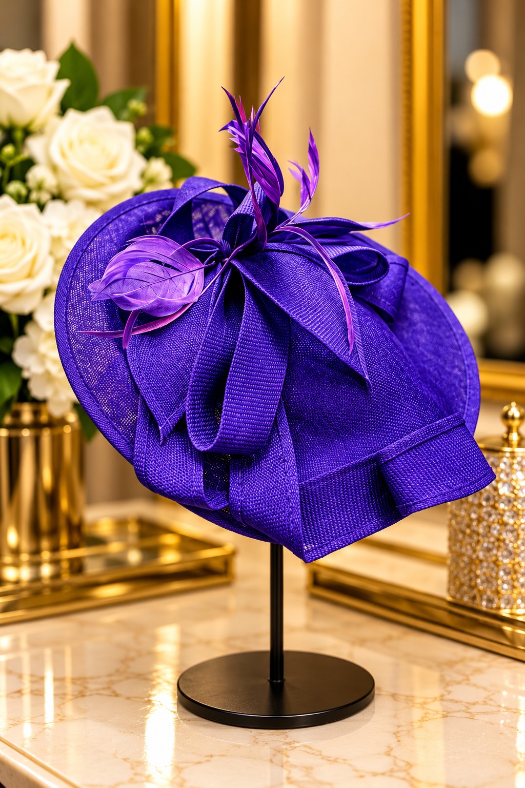 Kentucky II fascinator in purple with woven bow loops and feather accents